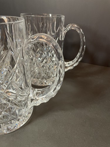 Handcrafted 4 Clear Scalloped Handle Cut Lead Heavy Crystal Beer Mugs Stein - Picture 2 of 13