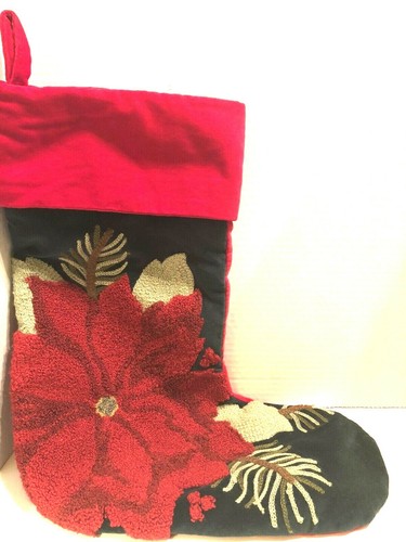 Needle Work Stocking Poinsettia Velvet Red/Green Holiday Christmas Beautiful 18  - Picture 1 of 6