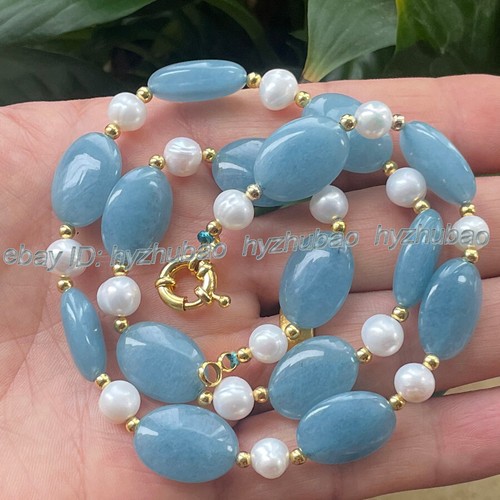 13x18mm Oval Blue Aquamarine Gems & White Pearl Hook Earrings + Necklace Set 18" - Picture 2 of 9