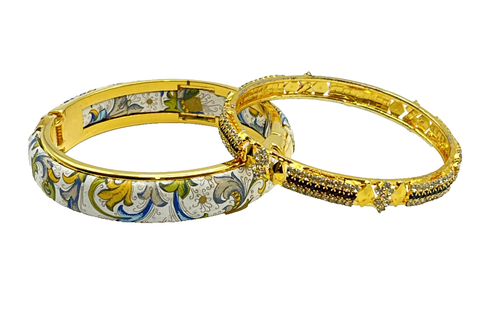 2 Gold-Plated Simulated Diamond / Ruby / Emerald / Art Nouveau Enamel Bangles  - Picture 4 of 7