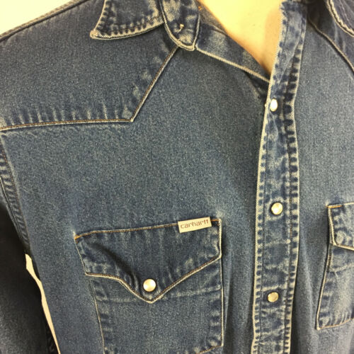 Vintage Distressed Worn Carhartt Denim Jean Pearl Snap Western Work Shirt Rodeo - 第 4/8 張圖片