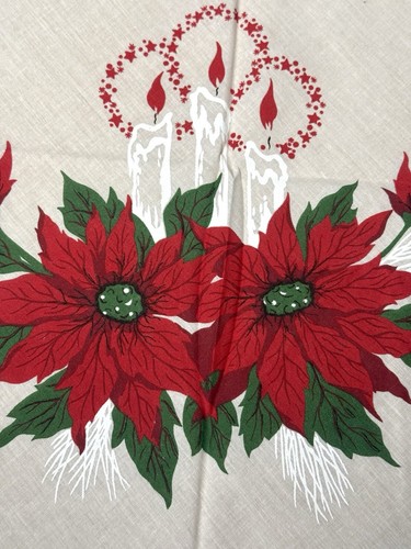 Vintage Christmas Tablecloth 1950s Poinsettia Candles Holly Holiday 66" Round - Picture 3 of 14