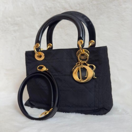 CHRISTIAN DIOR Lady Dior Cannage Quilted 2way Mini Bag Black x Gold Nylon Gebraucht