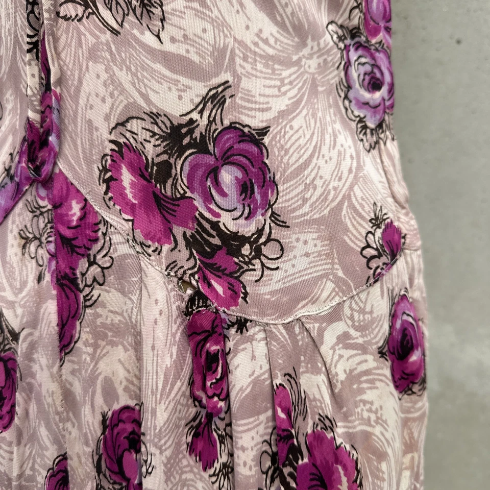 Vestido midi jersey rayón estampado floral púrpura vintage años 30 fruncido lazo rosas Foto 4 de 4
