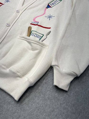 80's Cardigan Sweater Embroidered Teeth Dental theme Sz L Belle at Ease cotton - 第 4/16 張圖片