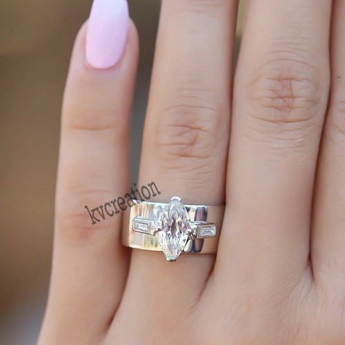 Bonita alianza de boda de tres piedras de moisaanita blanca corte marquesa de 1,50 quilates de plata 925 - Imagen 2 de 12