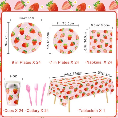Strawberry Birthday Decorations Strawberry Party Tableware Include Plates Cup... - Picture 2 of 7