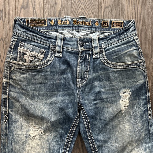 Mens Rock Revival Destroyed PRUITT Straight Leather insert Faux Flap Jeans 31x31 - Picture 6 of 15