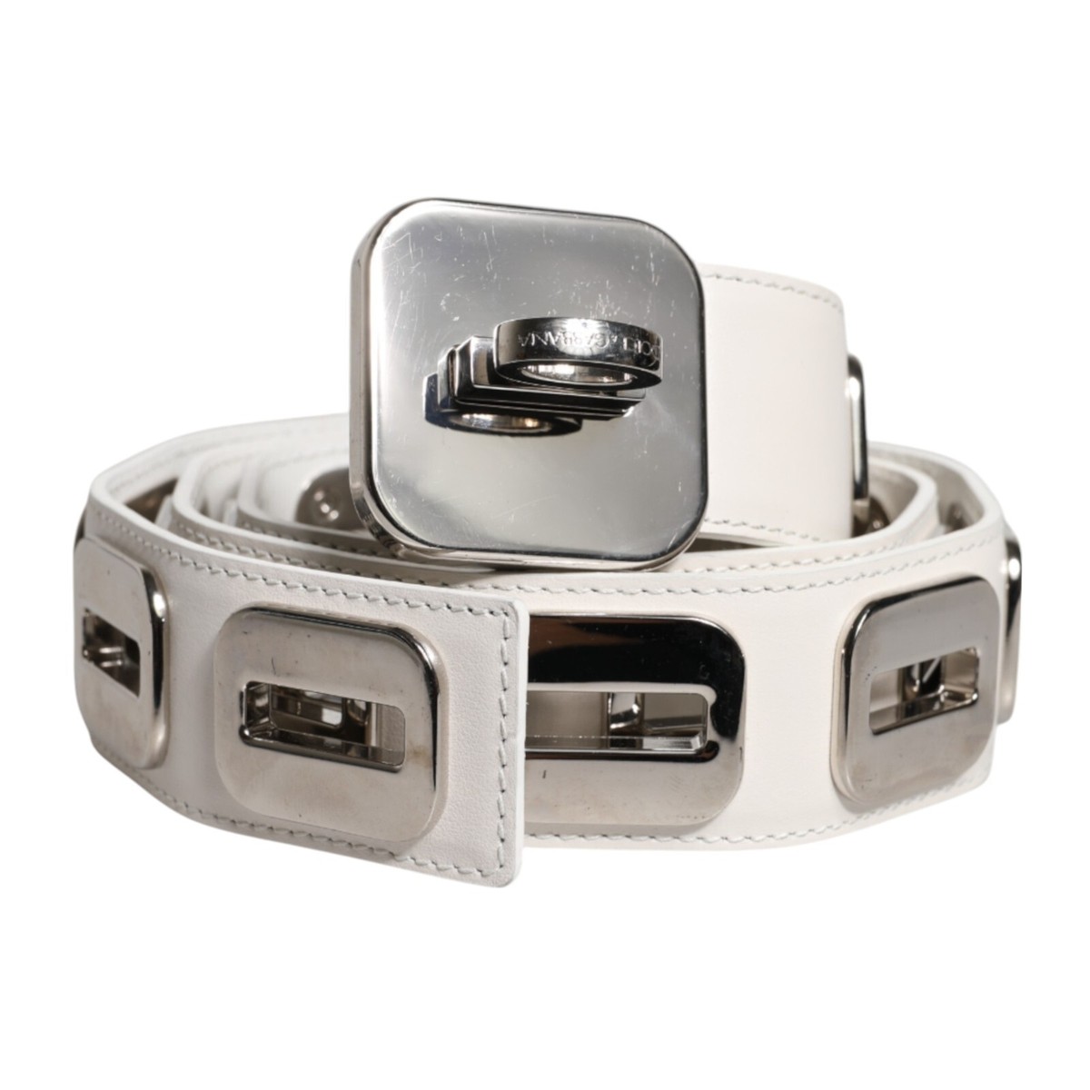 DOLCE & GABBANA Belt White Leather Gold Tone Rotating Buckle