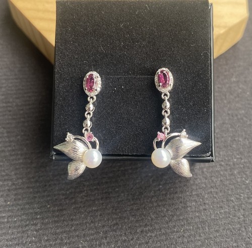 Orecchini in argento 925 fatti a mano con perle naturali pirope pietre preziose Reiki - Foto 4 di 8