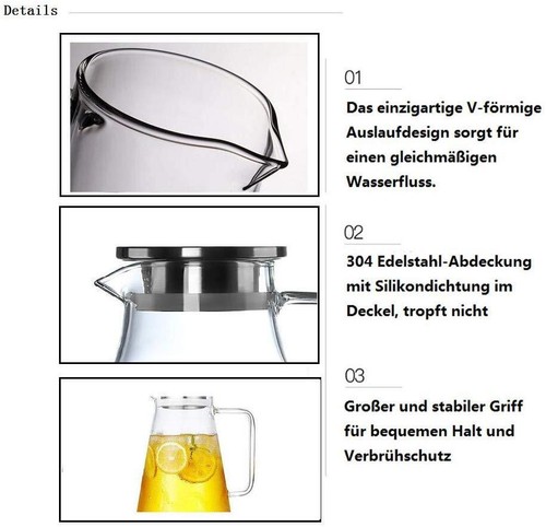 1.8L Glaskaraffe Krug mit Filter Deckel Saftkrug Wasserkrug Kanne Wasser Saft - Bild 11 von 18