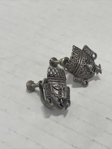 Vintage RBZ Mexico 925 Sterling Silver Mayan Aztec Face Screw Back Earrings - Picture 3 of 5