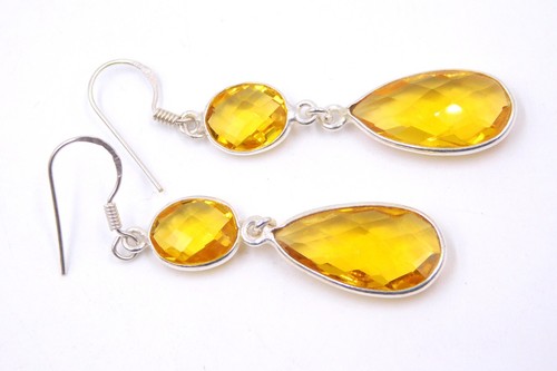 4.Gm 925 Sterling Silver Created Citrine Stone Handmade Bezel Earring 2.1" M2844 - Picture 5 of 5