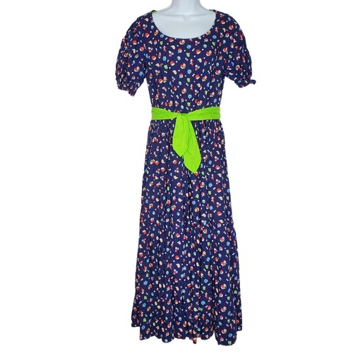 Handmade Floral Prairie Dress Bonnet Short Sleeve Navy Blue L XL Vintage - Picture 2 of 6