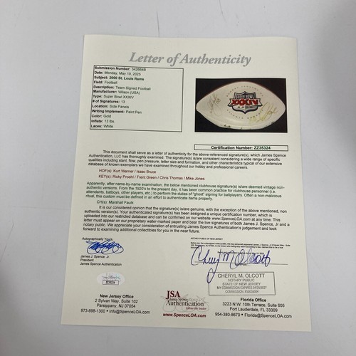 Kurt Warner Isaac Bruce St. Louis Rams Team Signed Super Bowl Football JSA COA - Picture 9 of 9