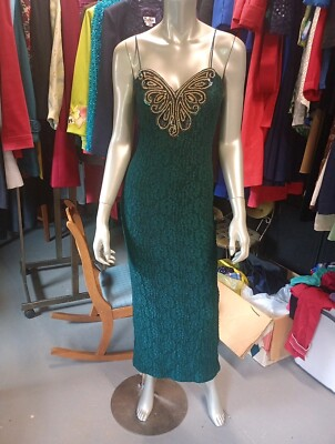 #ad Elegant Evening Vintage Emerald Lace Dress With Gold Beading Small Size