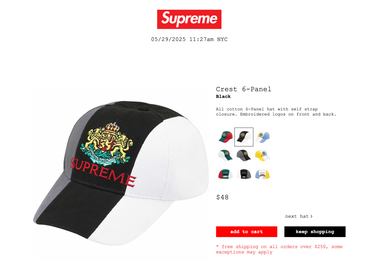 SUPREME CREST 6-PANEL (BLACK) SS25 5-PANEL CAMP CAP HAT