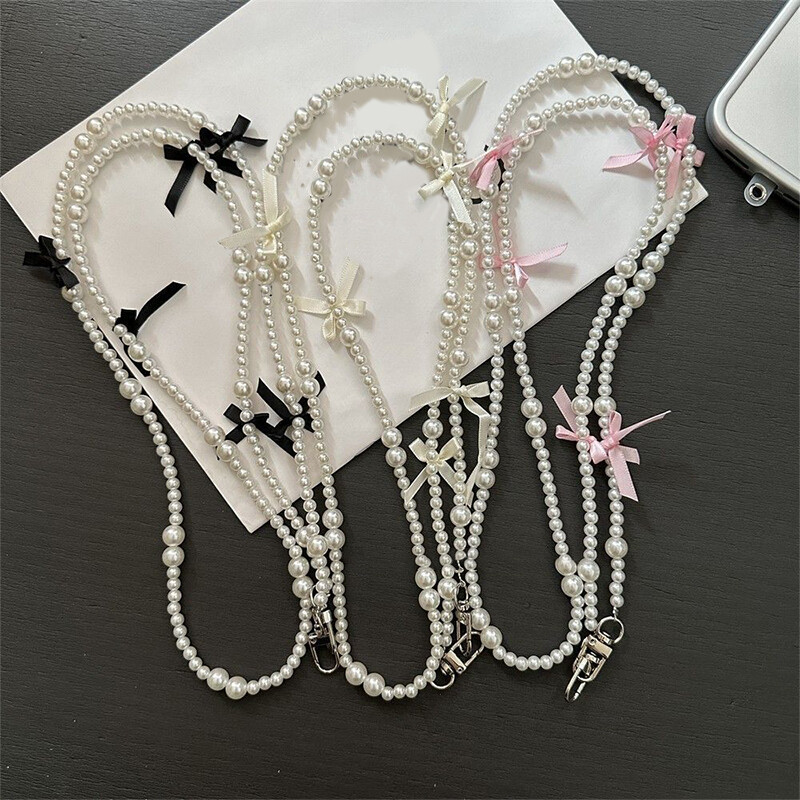 Pearl Bow Phone Case Lanyard with Crossbody Chain and Patch Gasket-image