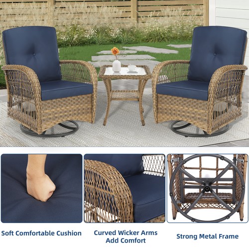 3 PCs Patio Wicker Conversation Bistro Set Rattan Gliding Rocking Swivel Chairs - Picture 29 of 32