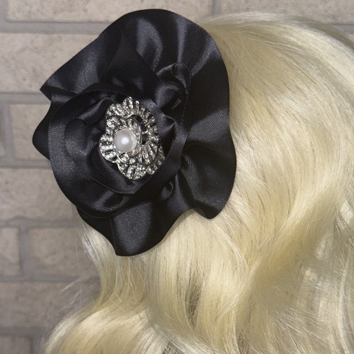 Ooak Taissa Lada Black Satin Hair Clip With Vintage Flower Rhinestone Broach - Picture 5 of 7
