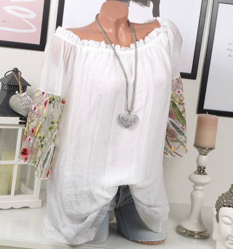 tamaño 42 38 Seda Vintage Blanca Túnica Flores Blusa Bordado De gran 40 Sueño Encaje ZnPOqvn