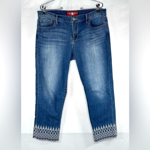 Lucky Brand Sweet'N Crop Jeans bestickt gewellter Saum Boho Festival Gr. 14/32