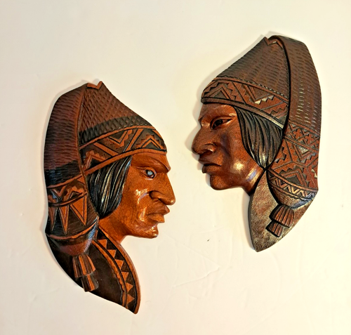 2 alte bolivianische handgeschnitzte Holzgesichter Wandkunst Skulpturen 1980er signiert 6x10 - Bild 3 von 20