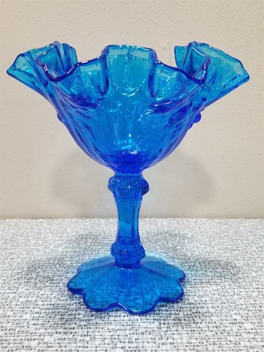 Vintage FENTON Kohlrose BLAU Glas gekräuselt Standfuß KOMPOTT Schüssel Bonboniere - Bild 2 von 8