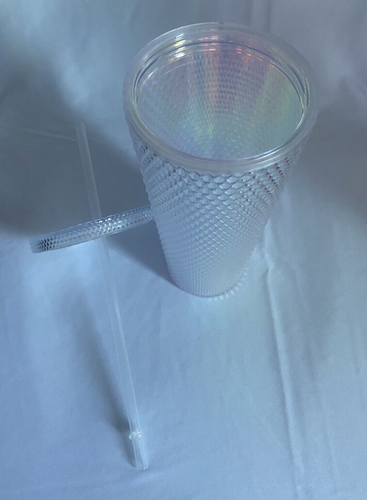 Diamond Studded 24 oz Unbranded Tumbler Iridescent Clear w Lid & Straw NEW - Picture 3 of 4