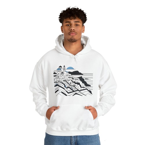 Unisex Adult Hoodie Sweatshirt Santorini Greece Travel Bold Minimalist Line Art - Picture 7 of 10
