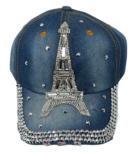 Eiffel Tower Rhinestone Distressed Denim Cap Brand NEW Hat!! - Picture 1 of 2