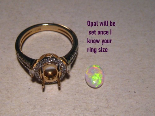 Anillo de ópalo y diamantes, oro amarillo liso de 14 K, piedra muy brillante - Imagen 4 de 10