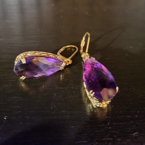 18K Gold Plated Amethyst Dangle Earrings - 18.00 CTW African Pear Amethyst - Picture 2 of 3