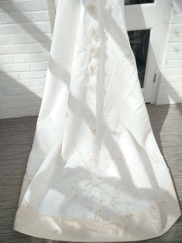 Bridal Gown Wedding Dress Ivory Flower Beads Champagne Trim Duchess Satin SizeM - Picture 9 of 12