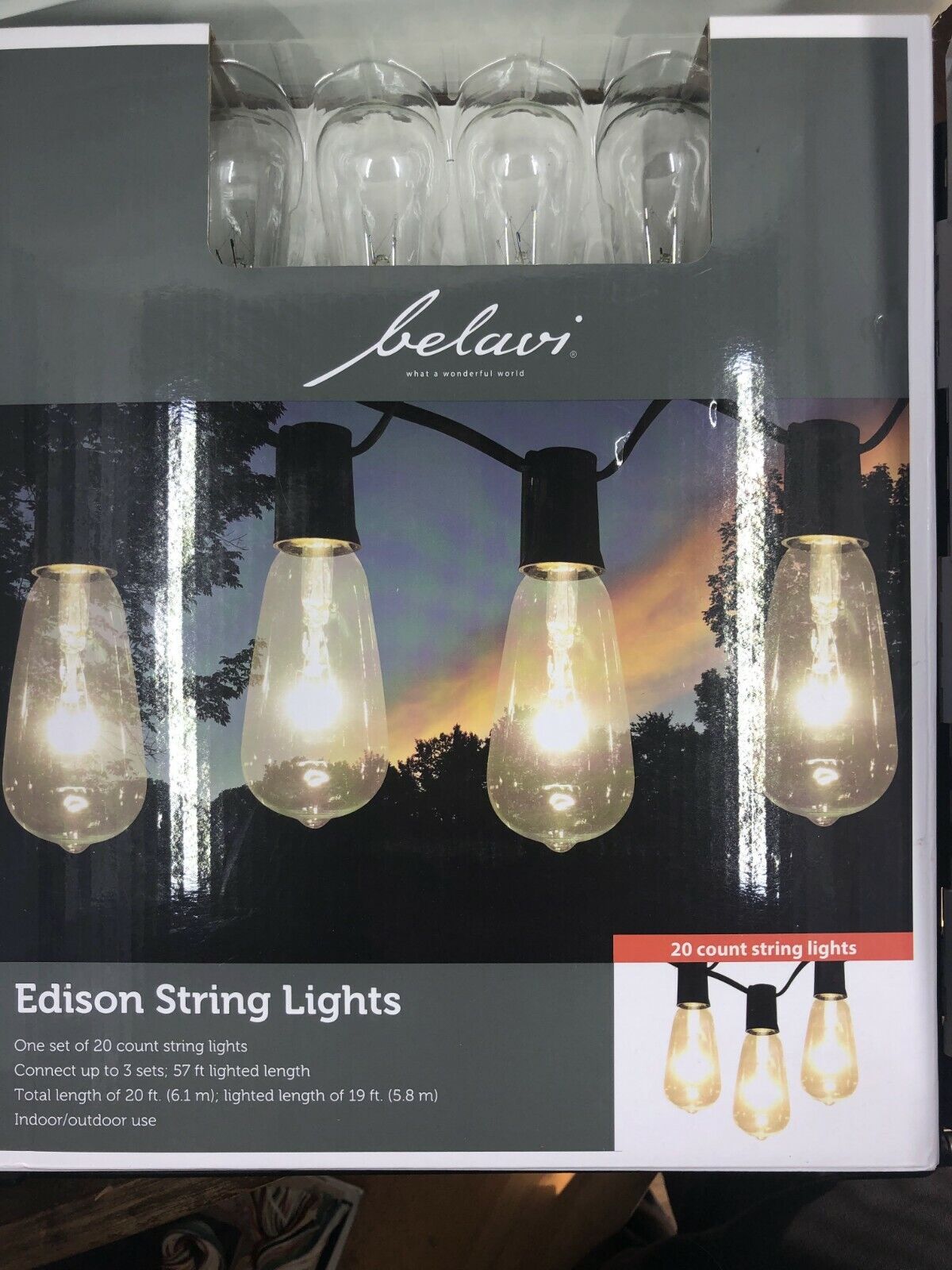 Belavi Edison String Lights set of 20 new in Box 19 ft lighted l
