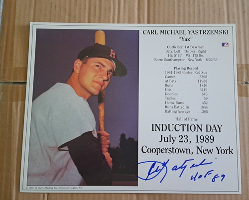 CARL YASTRZEMSKI SIGNED AUTOGRAPHED 8X10 HALL OF FAME INDUCTION DAY CARD HOF 89