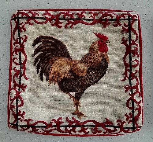 2 Vtg Red Beige Chicken Rooster Needlepoint Pillow Covers 12x12" Red Velvet Back - Picture 3 of 7