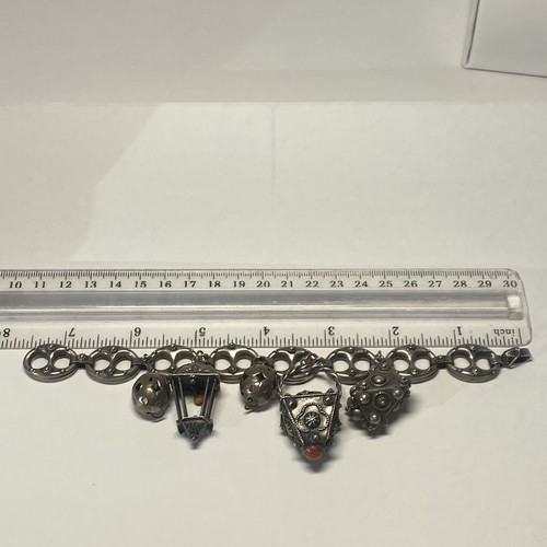 Antique 800 Silver Charm Bracelet 7.5", 45.2 Grams, 5 Charms, Hollow Bracelet - Picture 4 of 12