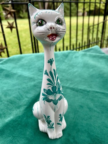 Vintage Langhals Katze Figur handbemalt türkis grün Mod Floral Italien 10" groß - Bild 8 von 9