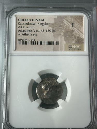 GREEK CAPPADOCIAN KINGDOM 163-130 BC AR DRACHM ARIARATHES V,C NGC RV ATHENA STG.