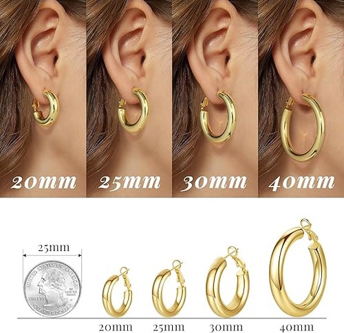 Pendientes de aro gruesos de oro para mujer gruesos de oro real de 14 quilates de 25 mm con aro abierto ligeros - Imagen 3 de 4