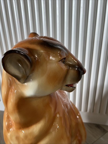 Vintage XL Ceramic Lioness Cougar Glazed Ceramic Statue Sculpture 22” Tall MCM - Picture 14 of 17