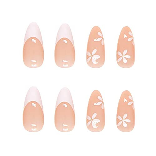 French Tip Press on Nails Medium Fake Nails White Press White Flowers Design - Picture 2 of 6
