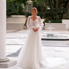 A-Line Beach Wedding Dresses Sweetheart Long Sleeve Beaded Tulle Bride Gowns