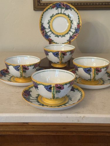RARE Adderleys Best Bone China ANEMONE Set Of 4 Handled Cups & Saucers England - Picture 7 of 24