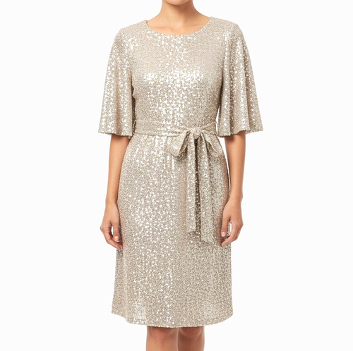 JM STUDIO Kleid silber Pailletten Stretch Metallic Stoff Wickelgürtel John Meyer Gr. 10 - Bild 1 von 10