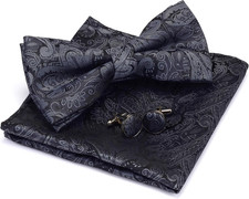 Paisley Adjustable Pre-tied Bow Tie and Pocket Square Cufflink Set with Gift Box