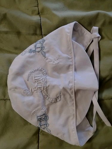 Baby bonnet (boys), size 15 12-18 months, with trains, blue and white. Tie,NWOT - Picture 7 of 10