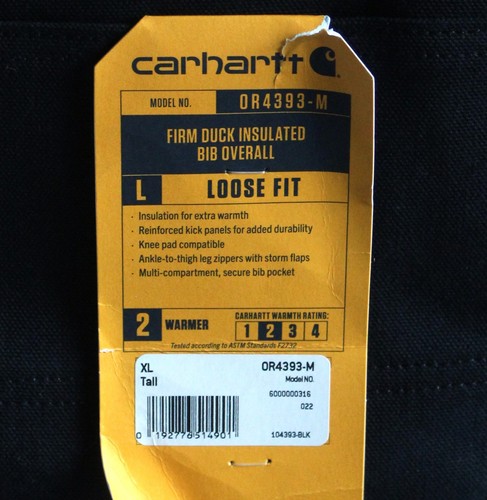 Carhartt Mens XLT Loose Fit Firm Duck Insulated Bib Overall Black Work 104393 - Picture 8 of 11