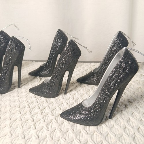 Set Of 7 Black Stiletto High Heel Shoe Christmas Ornaments Sparkly Metallic - Picture 3 of 7